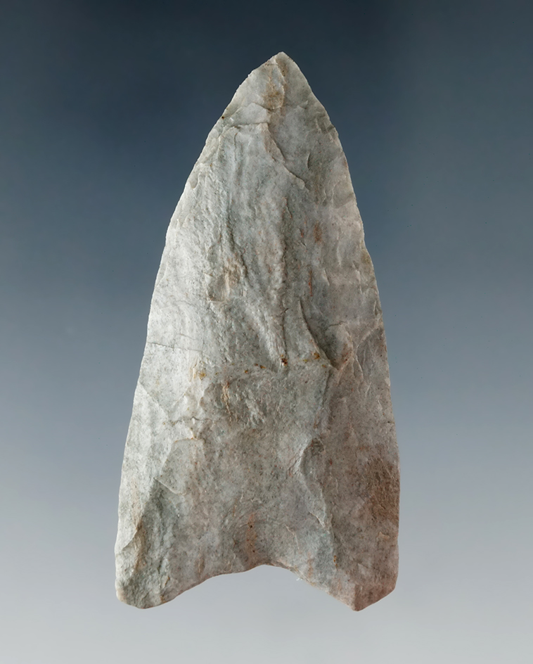 2 1/8" Indiana Green Paleo Fluted Clovis found in Indiana.