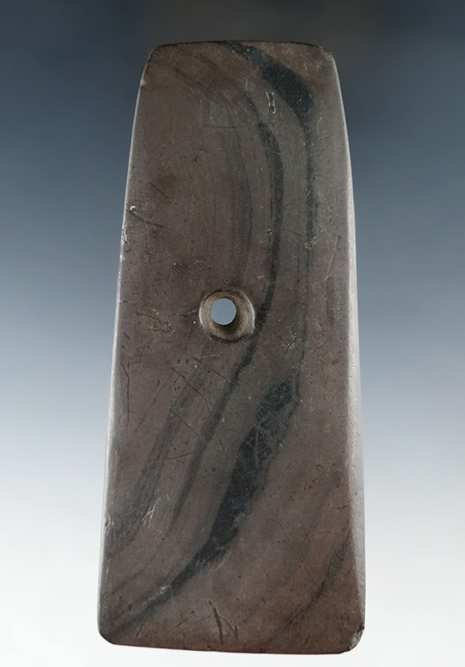 4 1/4" Red Banded Slate Pendant found by Jim Snyder in Seneca Co., Ohio.  Has some restoration.