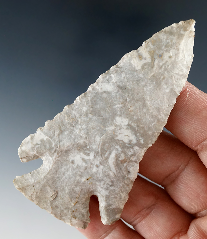 3 1/16" Cornernotch found in Indiana, made from attractive gray and white mottled flint.