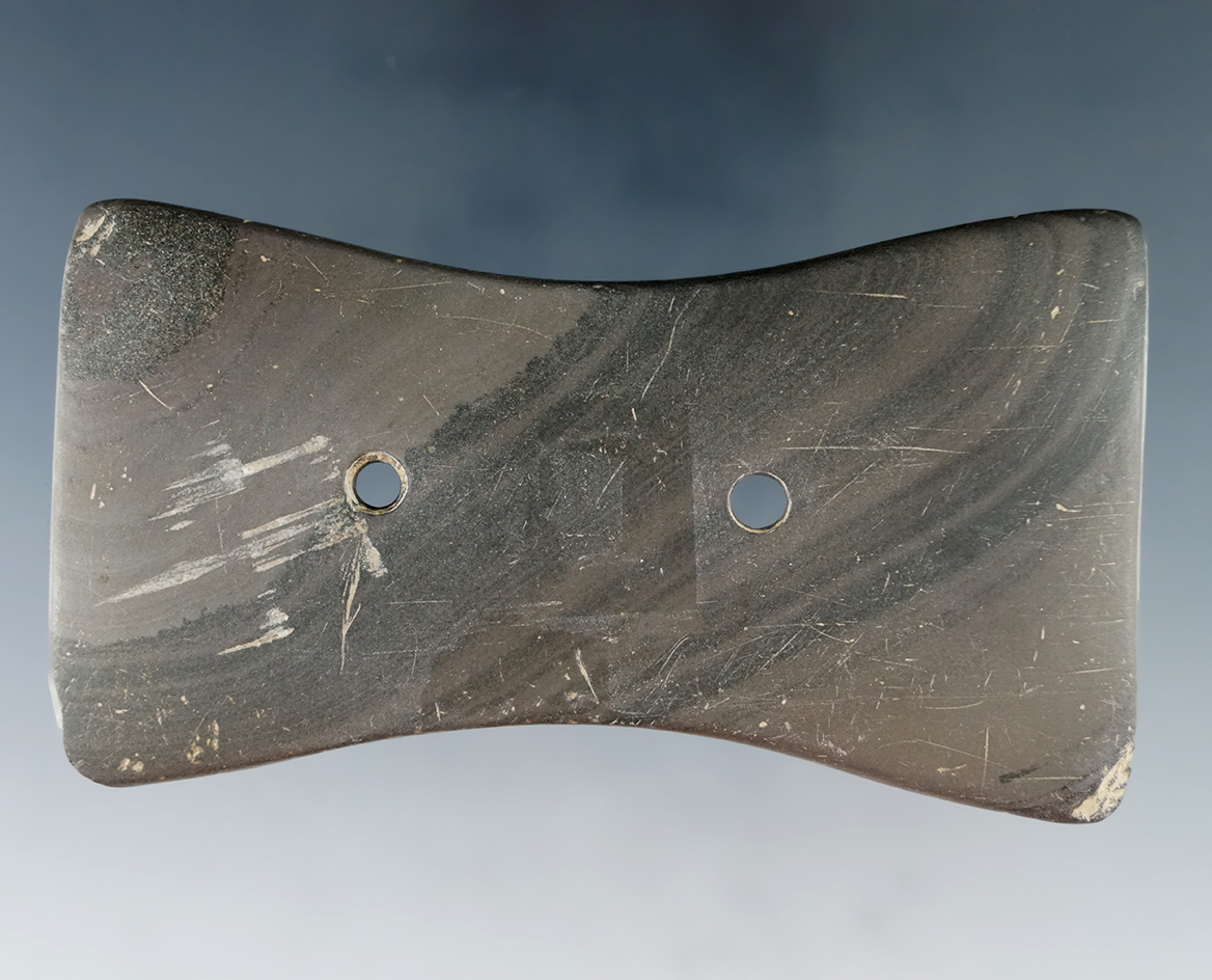 3 11/16" Banded Slate Adena Bi-Concave Gorget found in Gahanna, Franklin Co., Ohio.