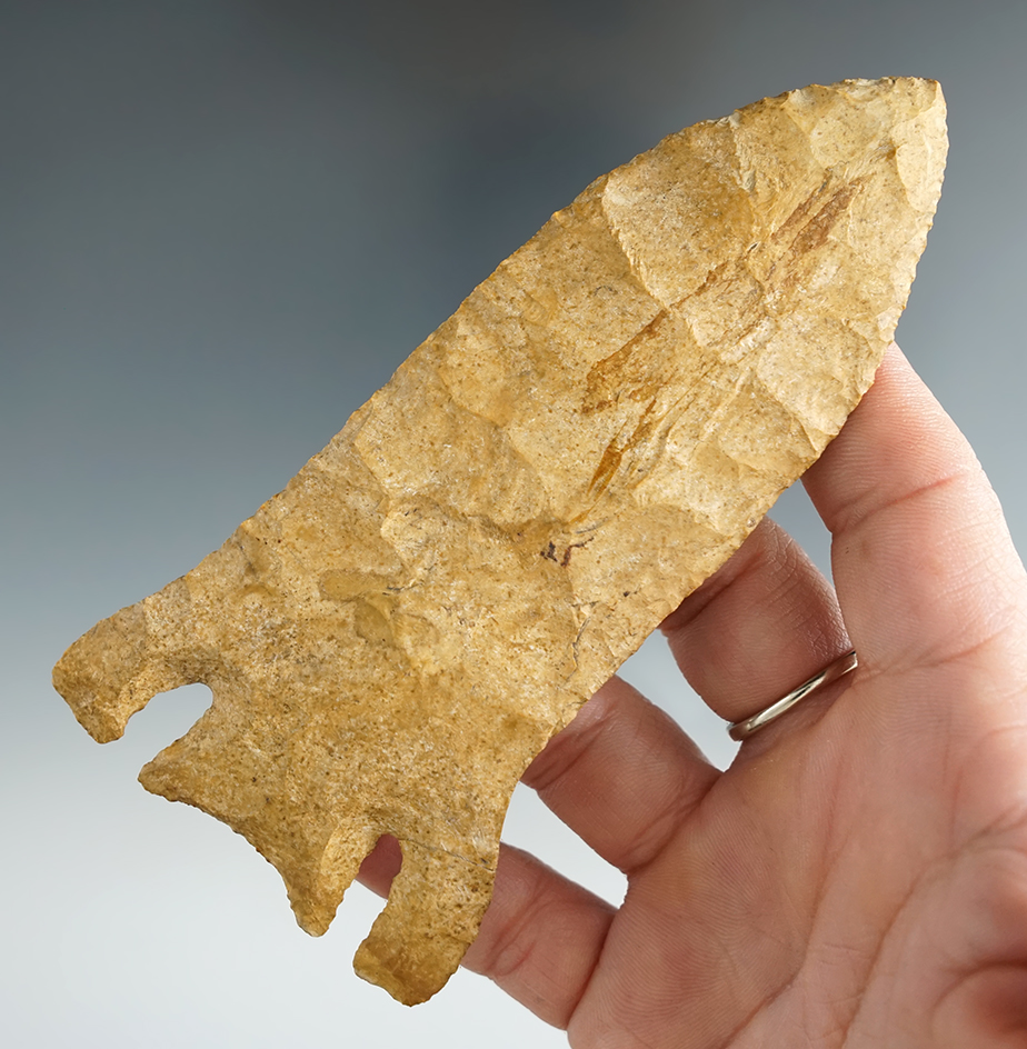 4 3/4" Smith found in Cole Co., Missouri. One ear has been broken and glued. Rogers COA.