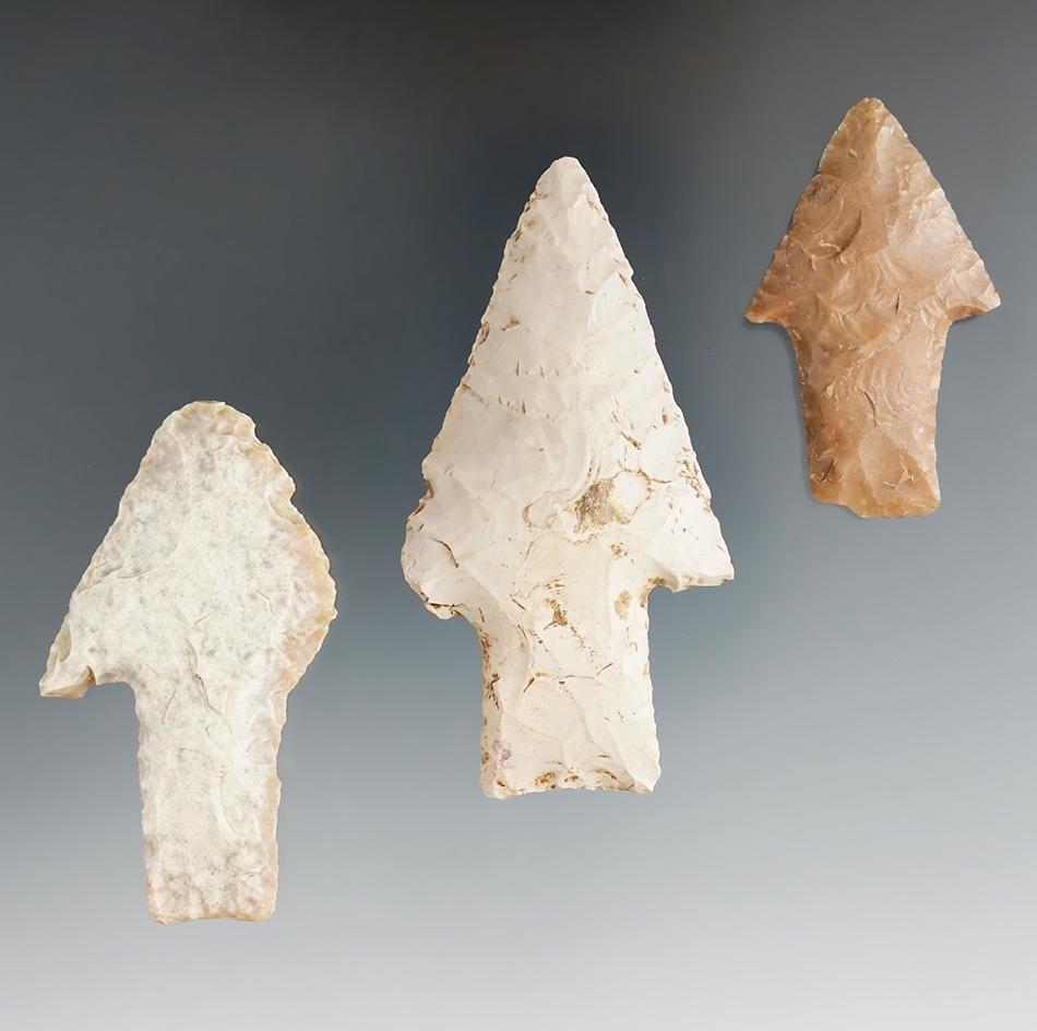 Set of 3 Andice points found in Texas. Two are restorable, 1 been resharpened to exhaustion.