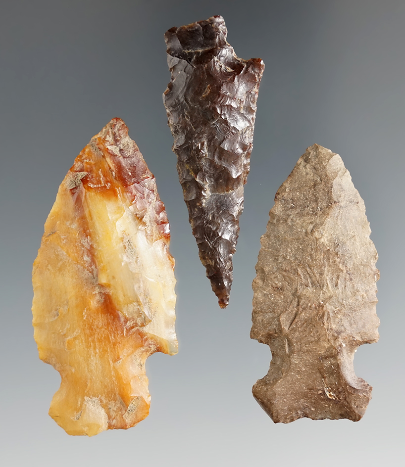 3 Assorted Points found by Norma Berg near the Columbia River in the 1950's. Bennett COA.