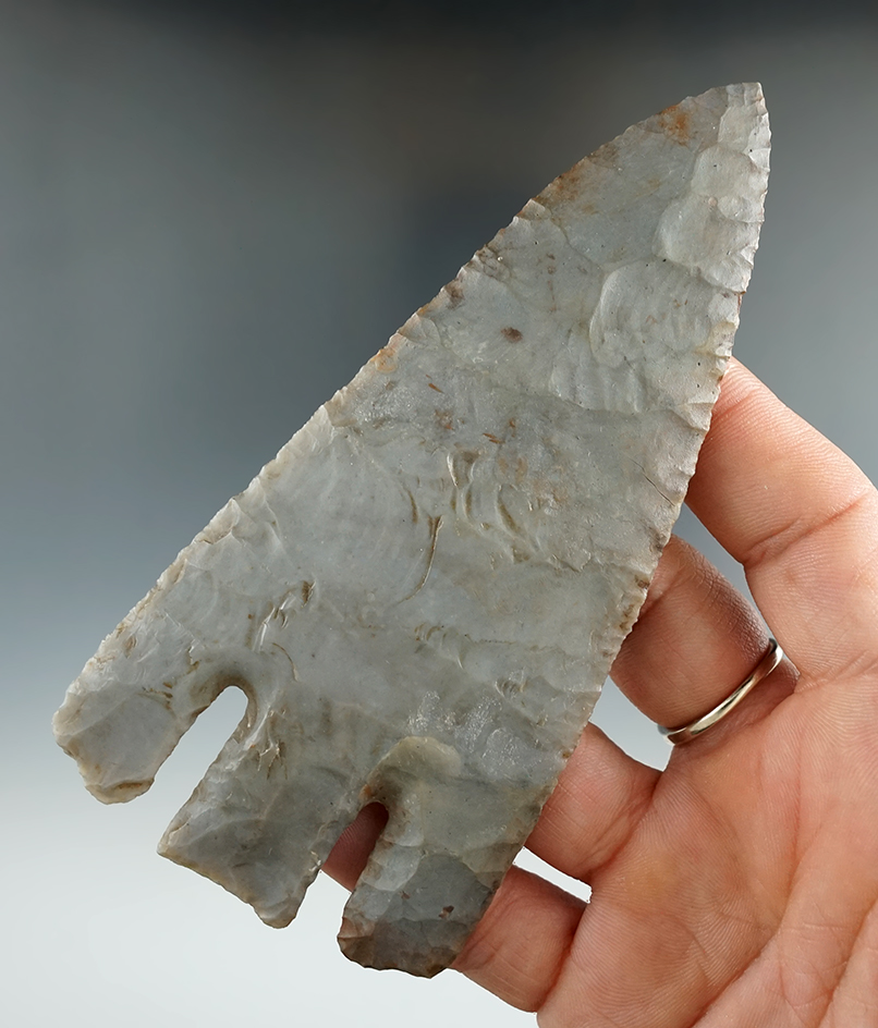 3 1/4" Andice found in Bell Co., Texas by L. Copeland at the Gault Site. Restoration to 1 ear & tip