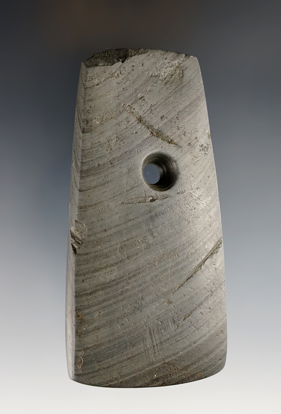 3 5/8" green and black Banded Slate Trapezoidal Pendant found in Ohio.