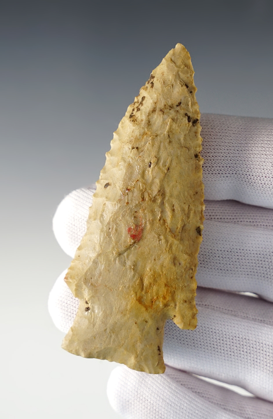 3" Hardin Barbed made from tan Burlington with fine edge serrations. Midwestern U.S. Berner COA.