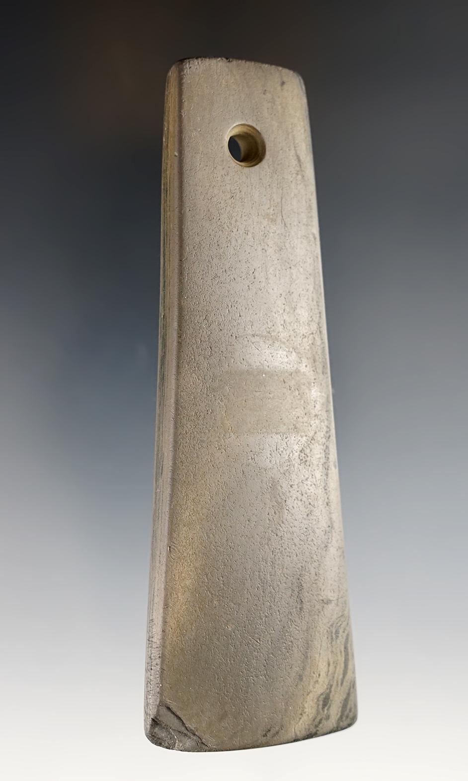 4 3/8" highly Banded Slate Bell Pendant found in Ohio. Nicely made example.