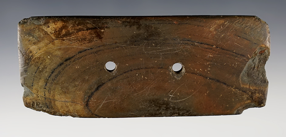 Very nice 5 1/8" Rectangular Gorget found in Warren Co., Ohio. Made from patinated Banded Slate. 