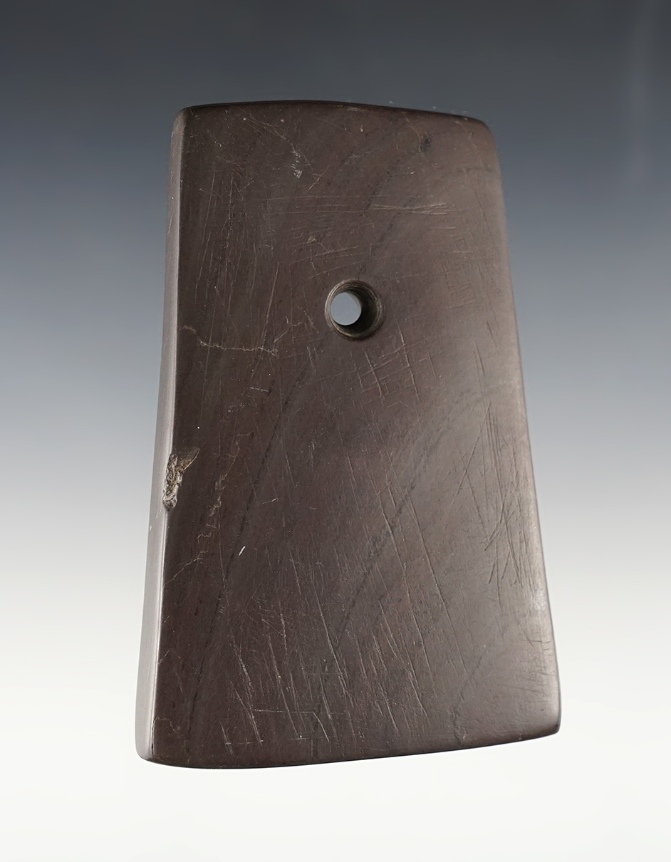 3 5/8" Adena Bell Pendant found in Fulton Co., Ohio. Well made from dark colored Banded Slate.