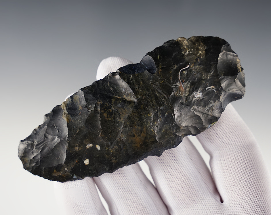 4 1/4" Paleo Uniface Knife found in Noble Co., Ohio. Well made from black Coshocton Flint.