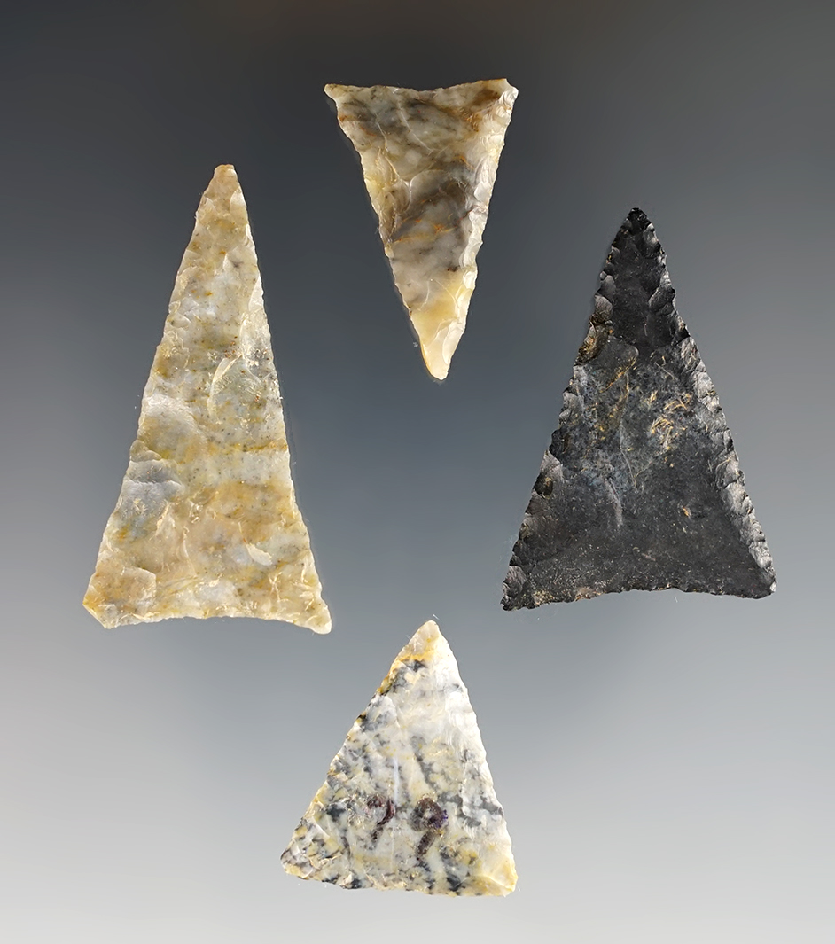 Set of 4 well made Madison Triangle points made from Coshocton and Flint Ridge Flint. Ohio.