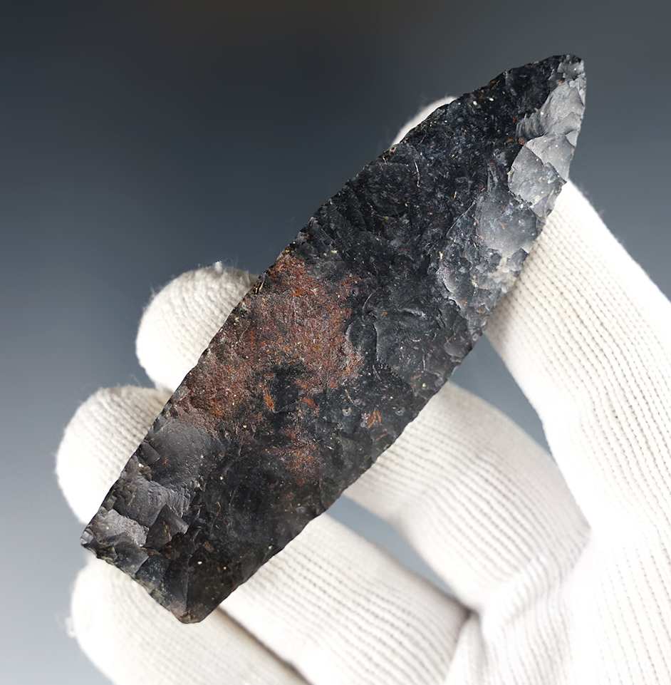 3 1/4" finely made Paleo Lanceolate - black Coshocton Flint with brown inclusions. Richland Co., Ohio.