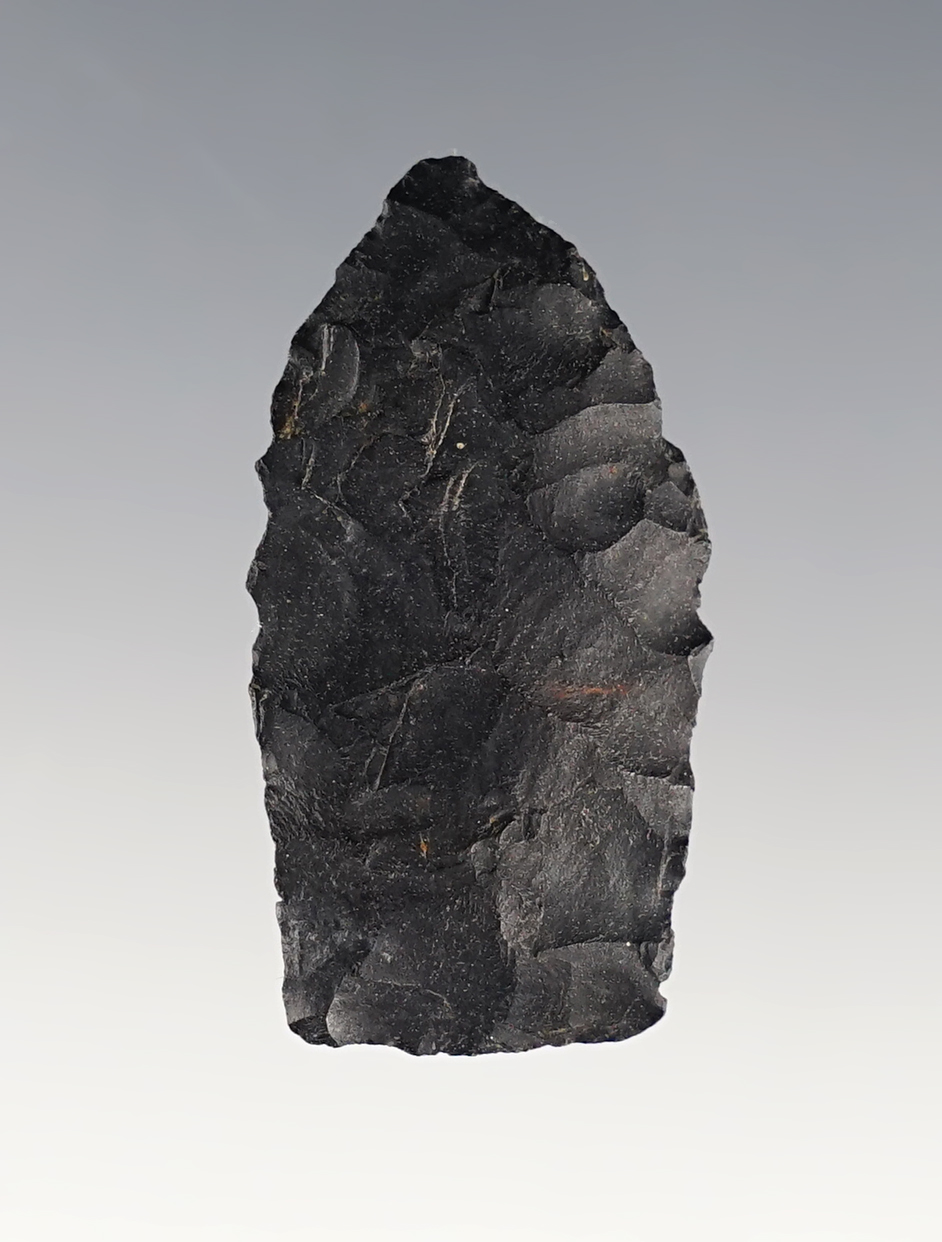 1 3/8" miniature Paleo Dart Point made from black Coshocton Flint, Found in Ohio. Ex. Stambaugh.