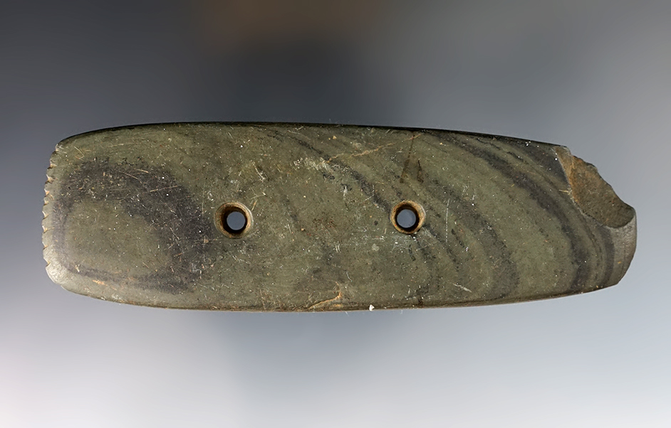 Exceptional 4 7/8" Rectangular Gorget that is fringed on one end. Patinated Banded Slate.