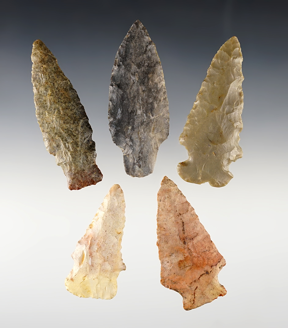 Set of 5 assorted points found in the Midwestern U.S. All are in very good condition. The largest is 3".