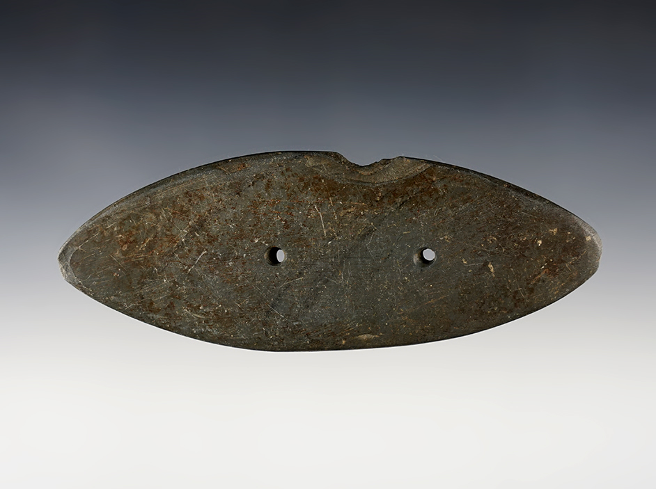 Fine 5 3/16" Bi-Pointed Gorget with several faint tally marks on one edge. Holmes Co., Ohio.