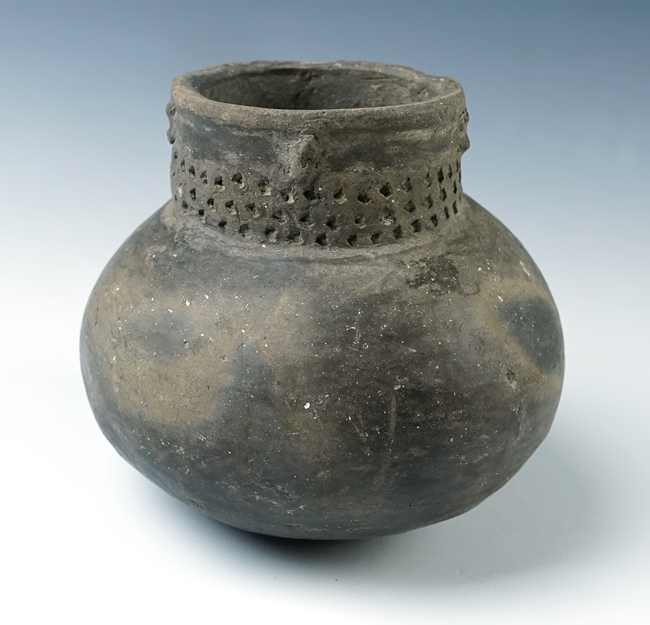 Miniature 4" wide by 3 7/8" tall Campbell Punctuated Pottery Jar in solid condition. 